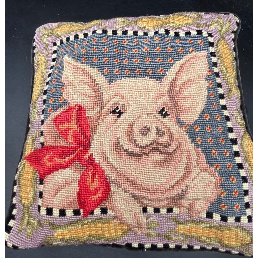 Vintage Needlepoint Cushion Cover Cornelius Pig with Bow and Corn 12" x 12"